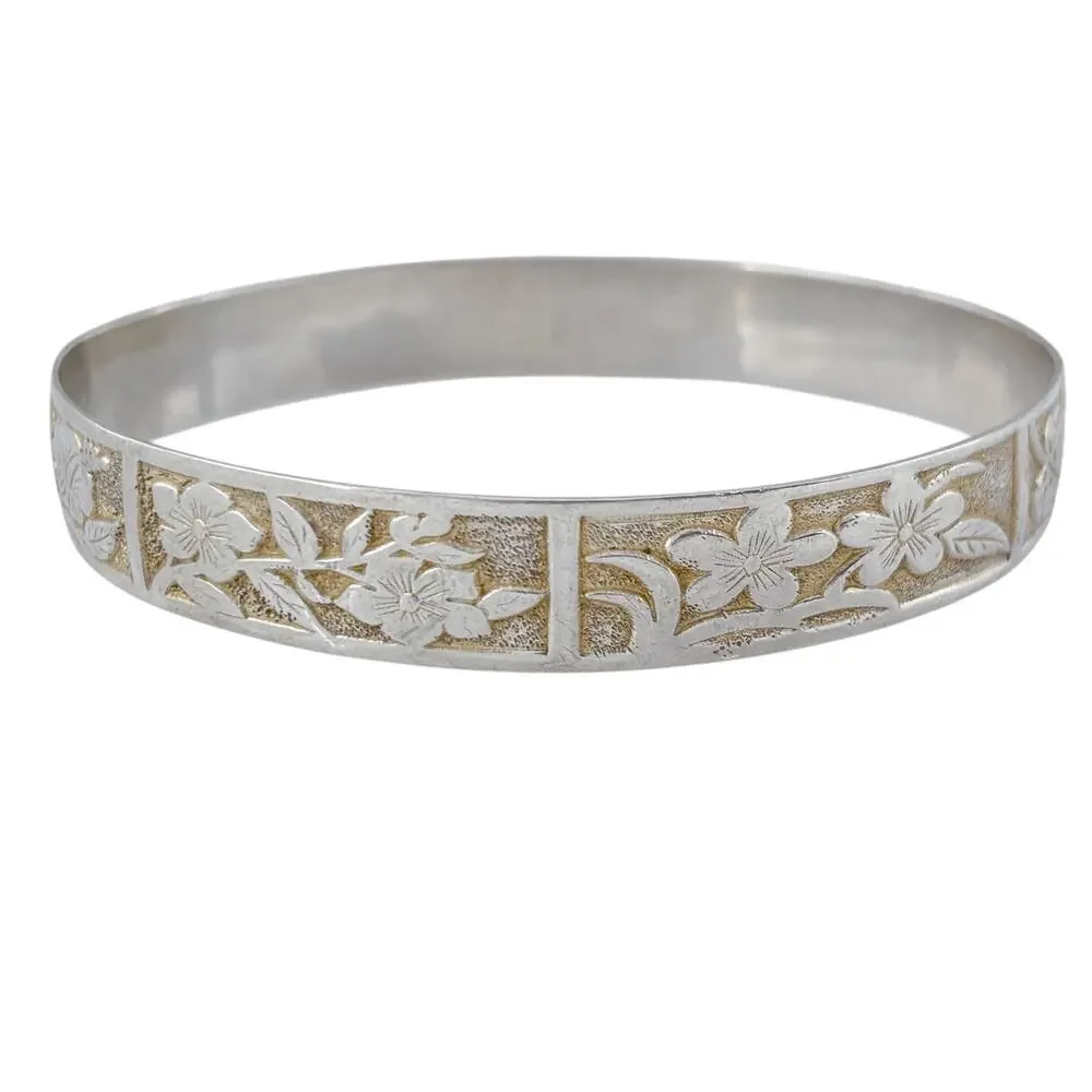 Vintage Sterling Silver 925 Floral Bangle Bracelet 9